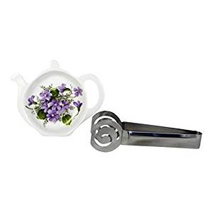 China Tea Bag Coaster Caddy and Stainless Steel Tea Bag Squeezer England - Wild Violets